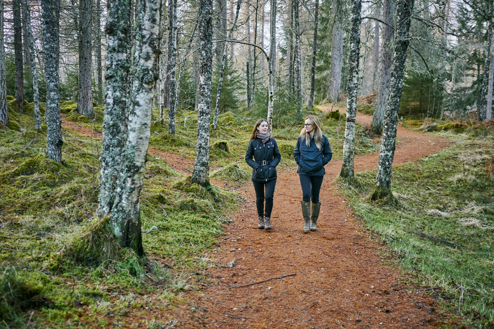 Two women walking in a woodland