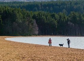 Couple with dog on Loch Morlich Beach