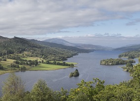 Queens' View, showing the River Tay with trees and hills to the sides
