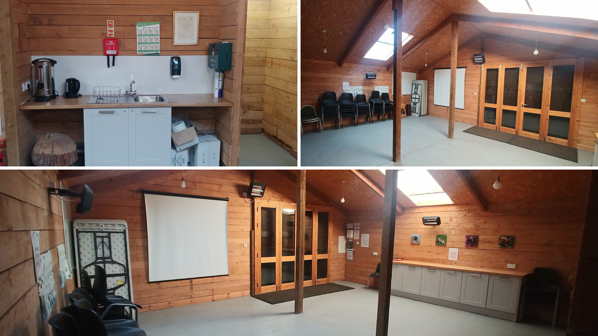 A collage of three images of the Kinnoull shed. In the top left corner is the small kitchen area with cabinets, sink, kettle and hot water urn. There is a first aid kit and fire blanket on the wall. The top right image shows the interior of the shed with skylights, glass-panelled bifolding doors, tables and chairs. The bottom image is another angle of the interior showing heaters, a projector screen and a row of kitchen cupboards with a worktop on the opposite wall. 