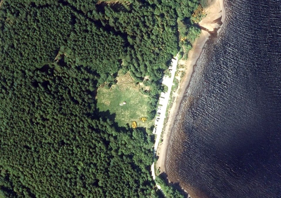 Aerial view of forest and loch
