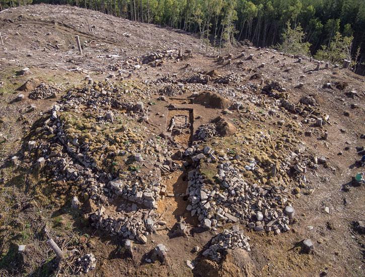 Aerial view of a trench dug by archaeologists at Comar Wood dun