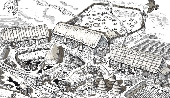Illustration showing ancient dwelling houses and settlement