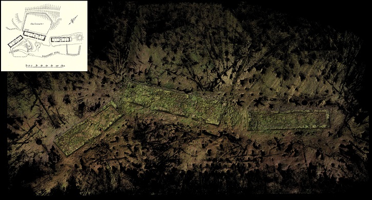 Aerial view of forested land with an inset hand-drawn map of the same site