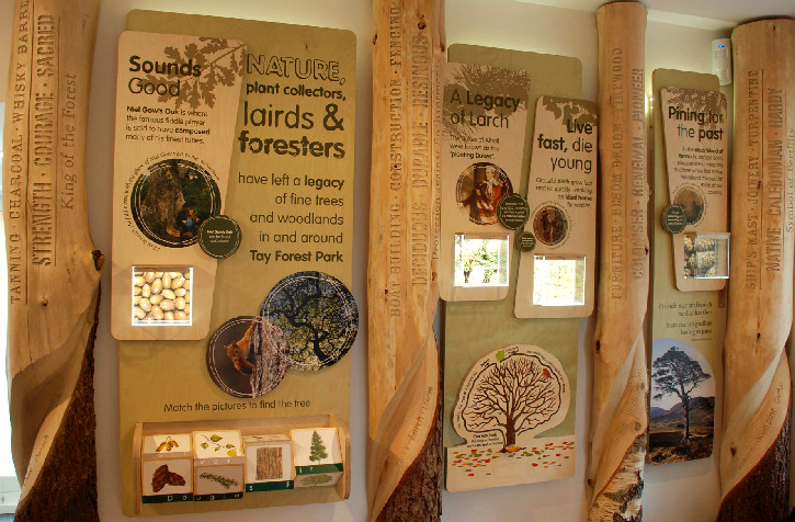 Internal wall of visitor centre showing information on a variety of subjects