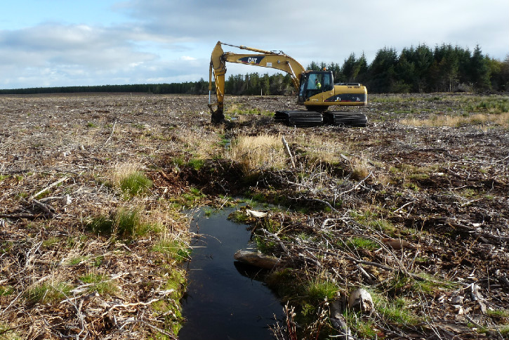 A yellow mechanical digger in a cleared area of land with trees beyond