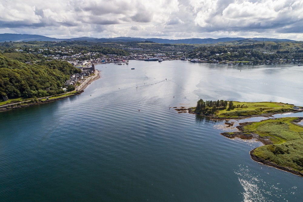 A birds eye view of Oban Bay and Oban town