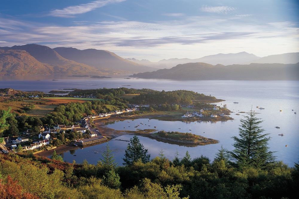 View from a hilltop of Plockton, Loch Carron and the hills beyond