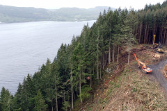 A shot of forestry equipment on a hillside over a loch