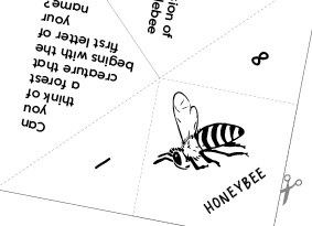Black and white illustration of a honeybee on a folded piece of paper
