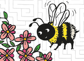 A graphic of a bee flying next to flowers with a maze in the background. 