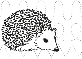 Black and white hedgehog graphic with a zig zag pattern in the background. 