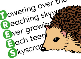 An acrostic poem and an illustrated hedgehog