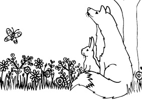 Illustration of fox and rabbit on a meadow