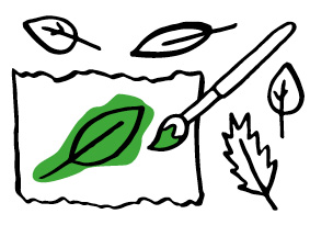 An illustration of a green leaf being painting on a piece of paper. 