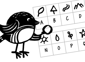 Illustration showing a bird holding a magnifying glass looking at a sheet of codes
