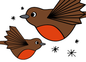 Illustration of two robins in flight on white background