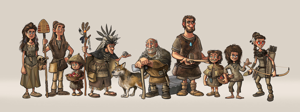 Digital image showing a variety of prehistoric human characters holding a variety of tools like spades and axes