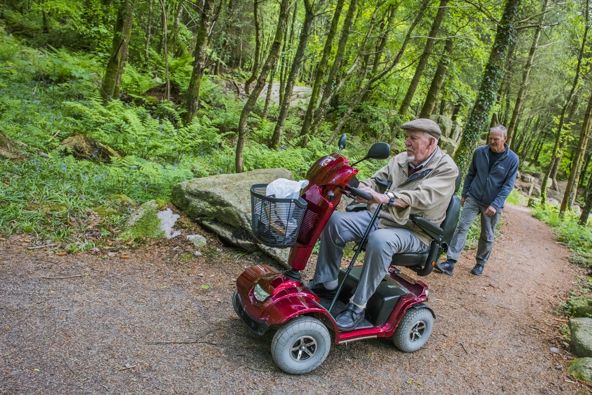A man on a mobility scooter on a forest trail at Dalbeattie