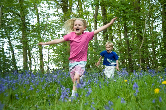 Two children running excitedly through a field of blue flowers in a forest