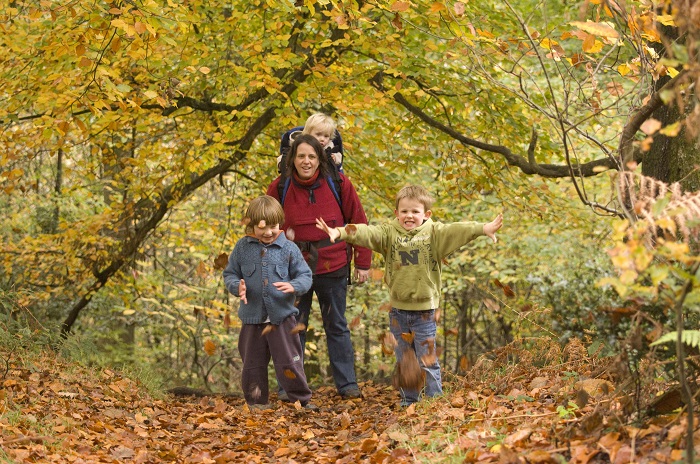 Woman with three children walking in an autumnal forest