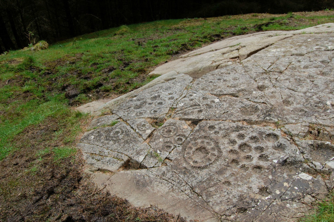 Primitive carvings in a grey rock embedded in grassy ground