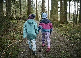 Two children walking through a forest of tall trees