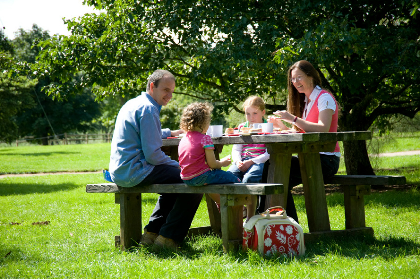 Two adults and two children sat at a picnic table on a grassy field with trees