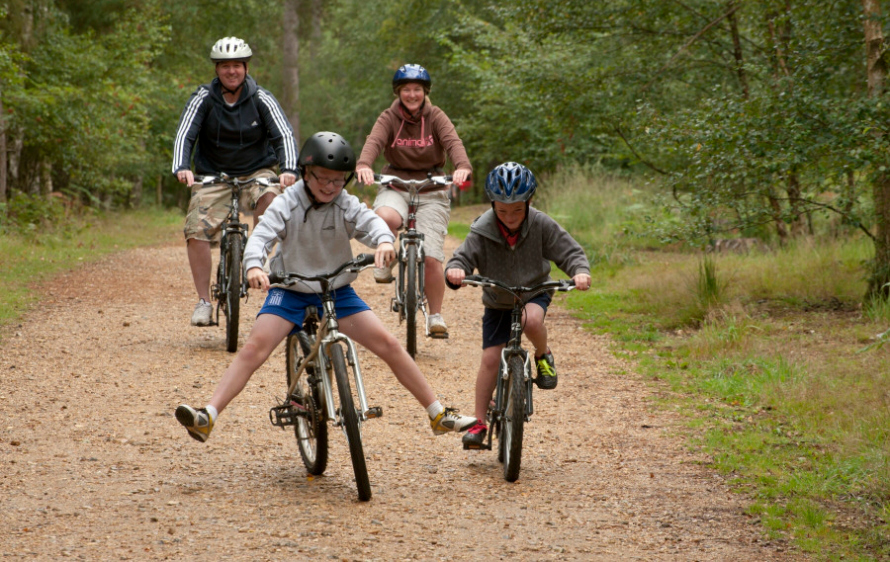 Family of four cycling on gravel path with trees on either side
