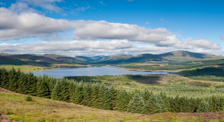 Landscape view of loch and mixed countryside under blue sky