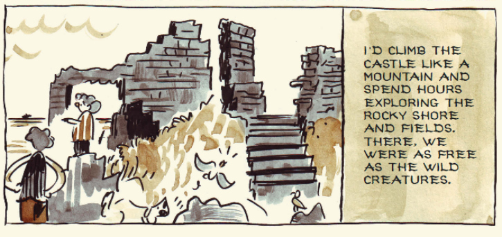 Childish illustration of two characters standing by a castle and a quote from John Muir