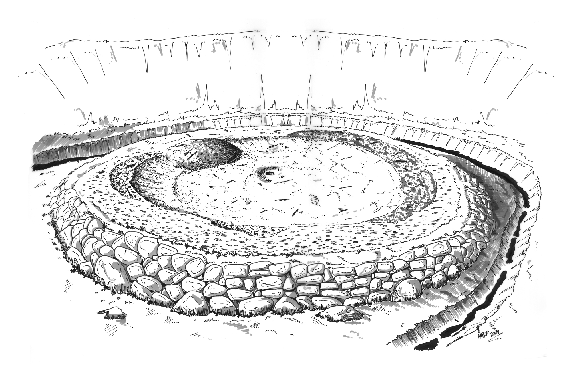 Black and white drawn illustration of early charcoal burning site in forest