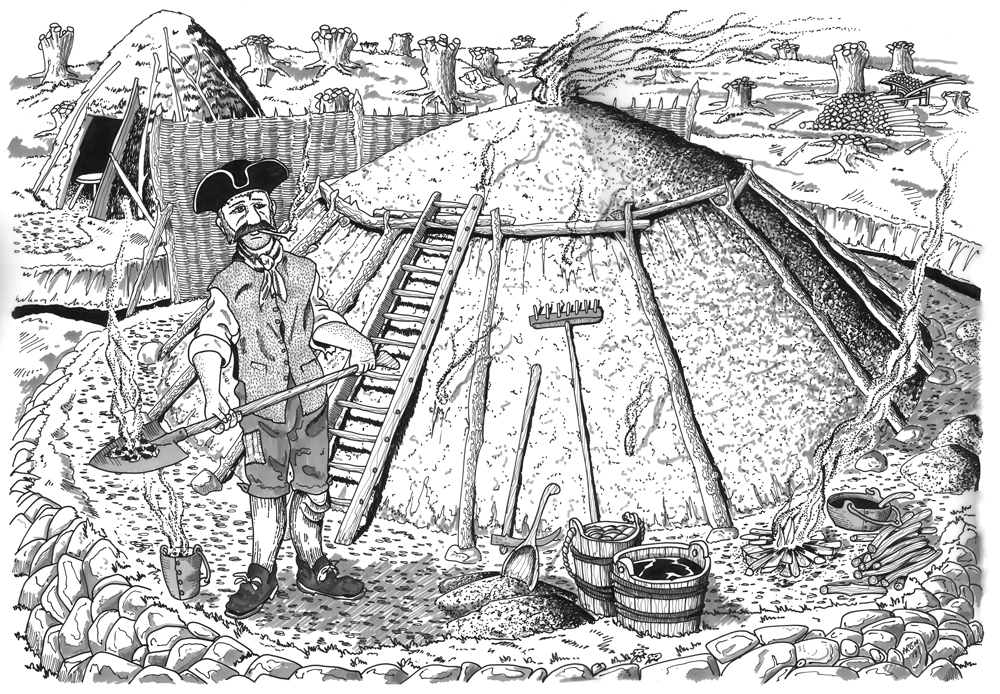 Black and white drawn illustration of person standing beside charcoal burning mound