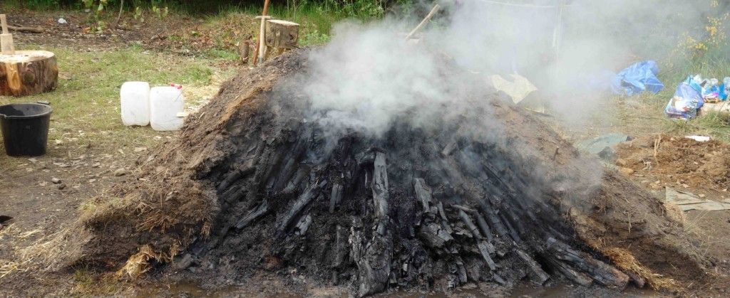 Large smouldering mound producing charcoal in a forest clearing