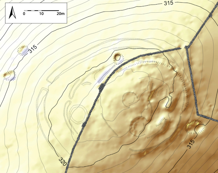 Digital image showing a map with contour lines and several features picked out