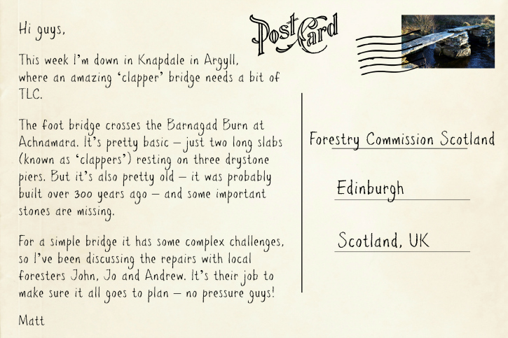 Composite image showing a postcard with some text explaining where the page author has been travelling