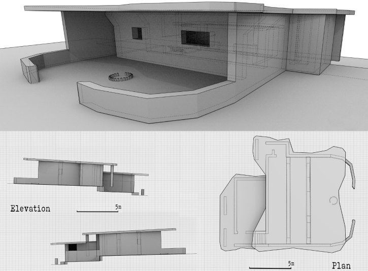 Digital illustration showing a concrete pillbox including inset images of it's plan and elevation