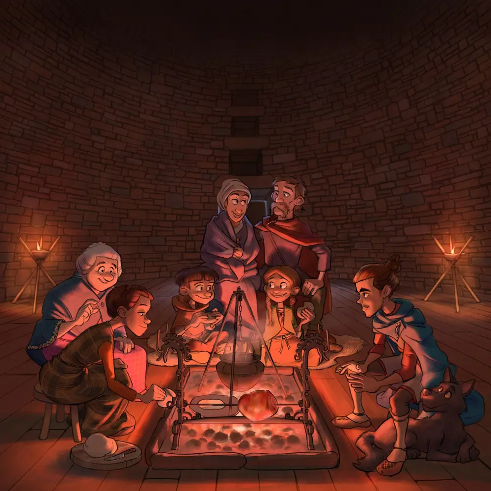 A graphic illustration of a family sitting around a fire inside a stone building