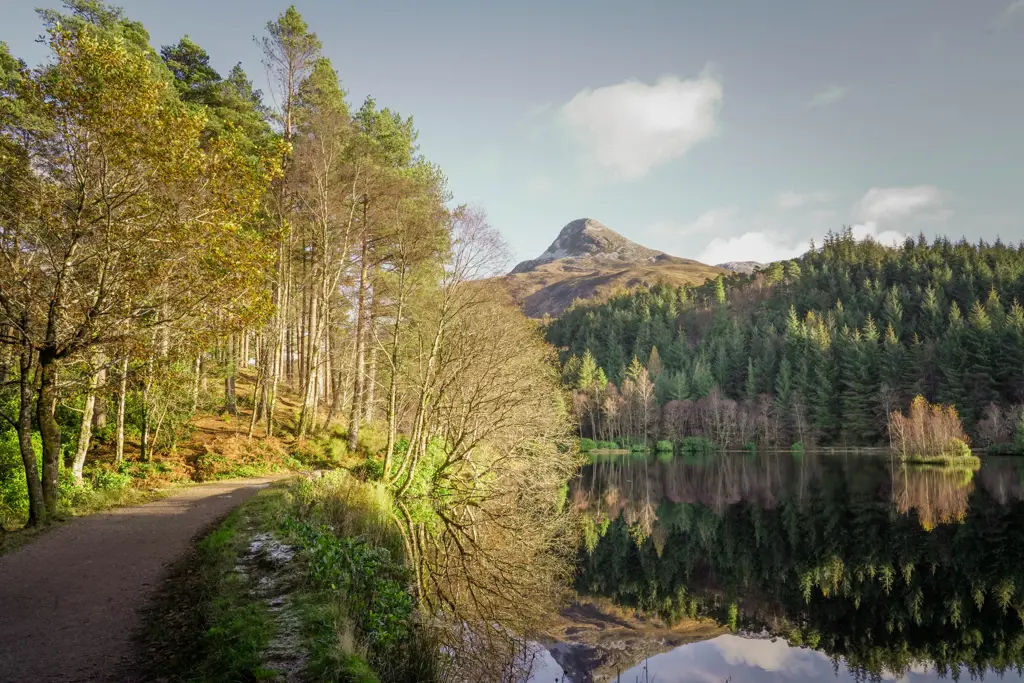 Lochan with path on the left and trees and a mountain in the distance.