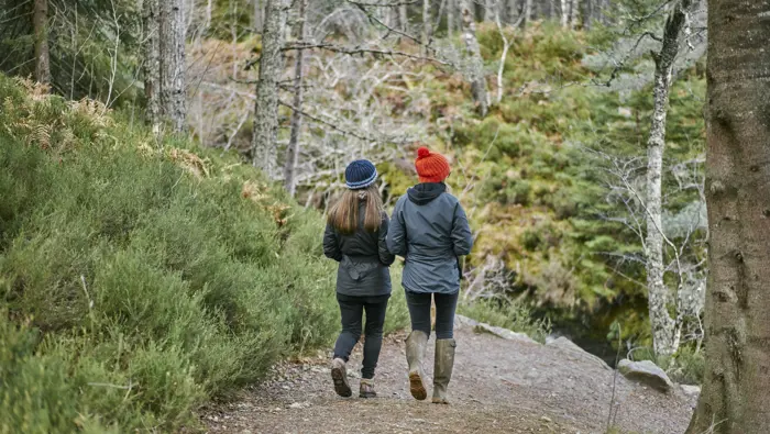 Two people walking down a sloping footpath in a forest.
