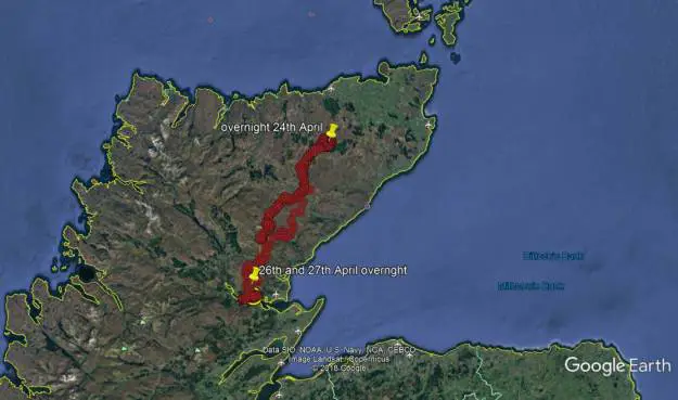 Map of northern Scotland with osprey flight path marked