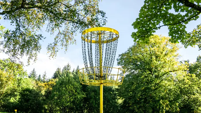A yellow disk golf stand in a forest