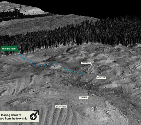 Aerial view of laser scanned Rosal township annotated with locations of former buildings.