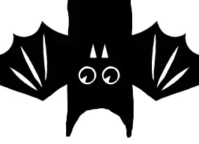 illustrated bat hanging down with wings spread and fangs out