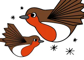 two illustrated paper robin decorations coloured in white, brown and red