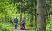 Mature man walks beside elderly man riding in mobility scooter on tree lined path, Dalbeattie Forest, near Dumfries
