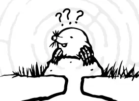 illustrated mole poking its head out from the ground with three question marks above