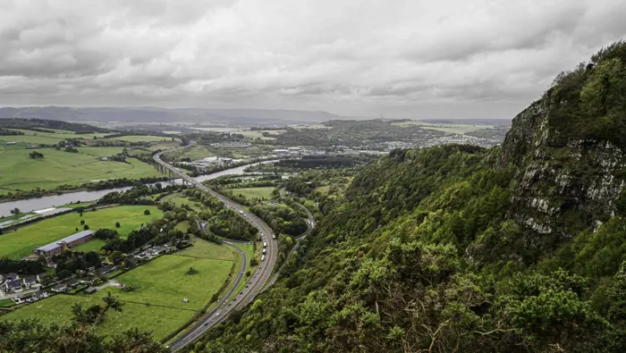 View down towards a town from a hill