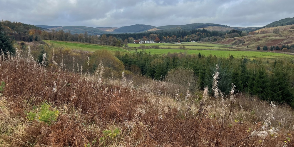 Rolling hills in the background in a landscape of forests and farmland.