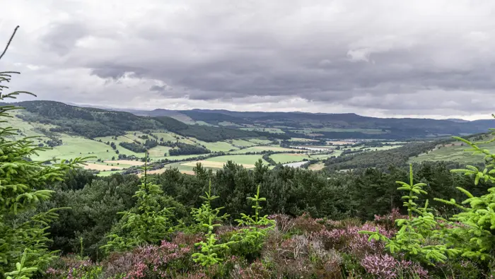 Stone carin built on the top of a hill with heather growing and a valley beyond with trees and farms